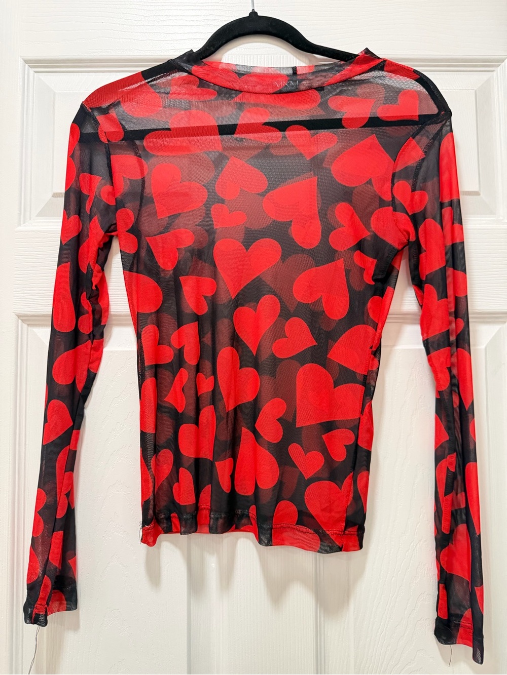 Mesh Red Heart Print Long-Sleeve Top